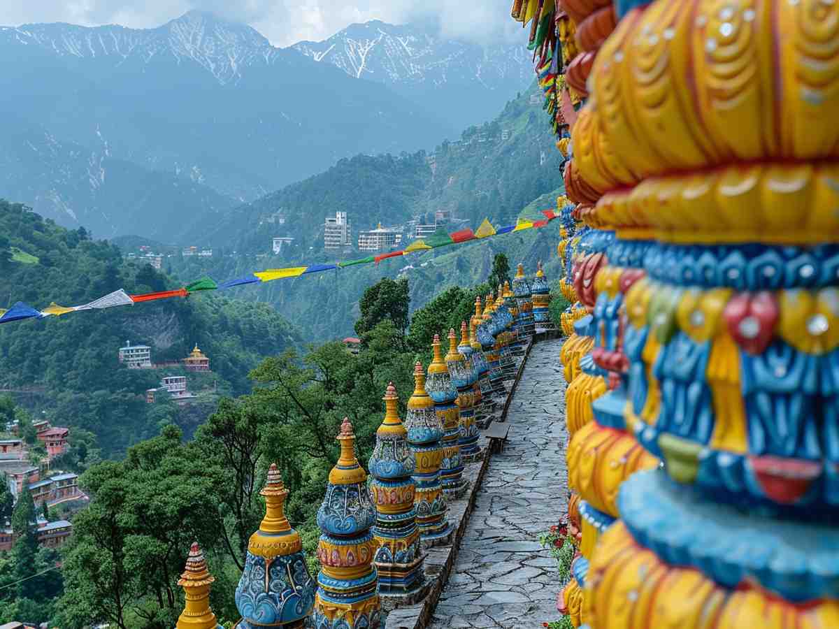 Tibetan Namgyal Monastery surrounded by snow-capped Dhauladhar mountains in Dharamshala, India.